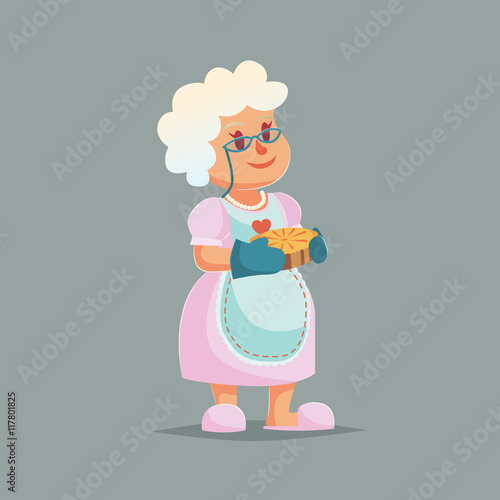 Cute Granny in glasses holding pie. Funny cartoon vector illustration