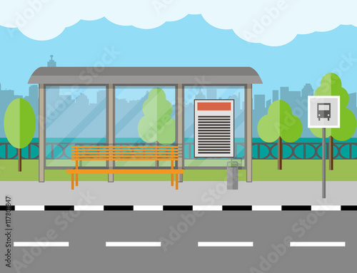 Bus Stop with bench and city background