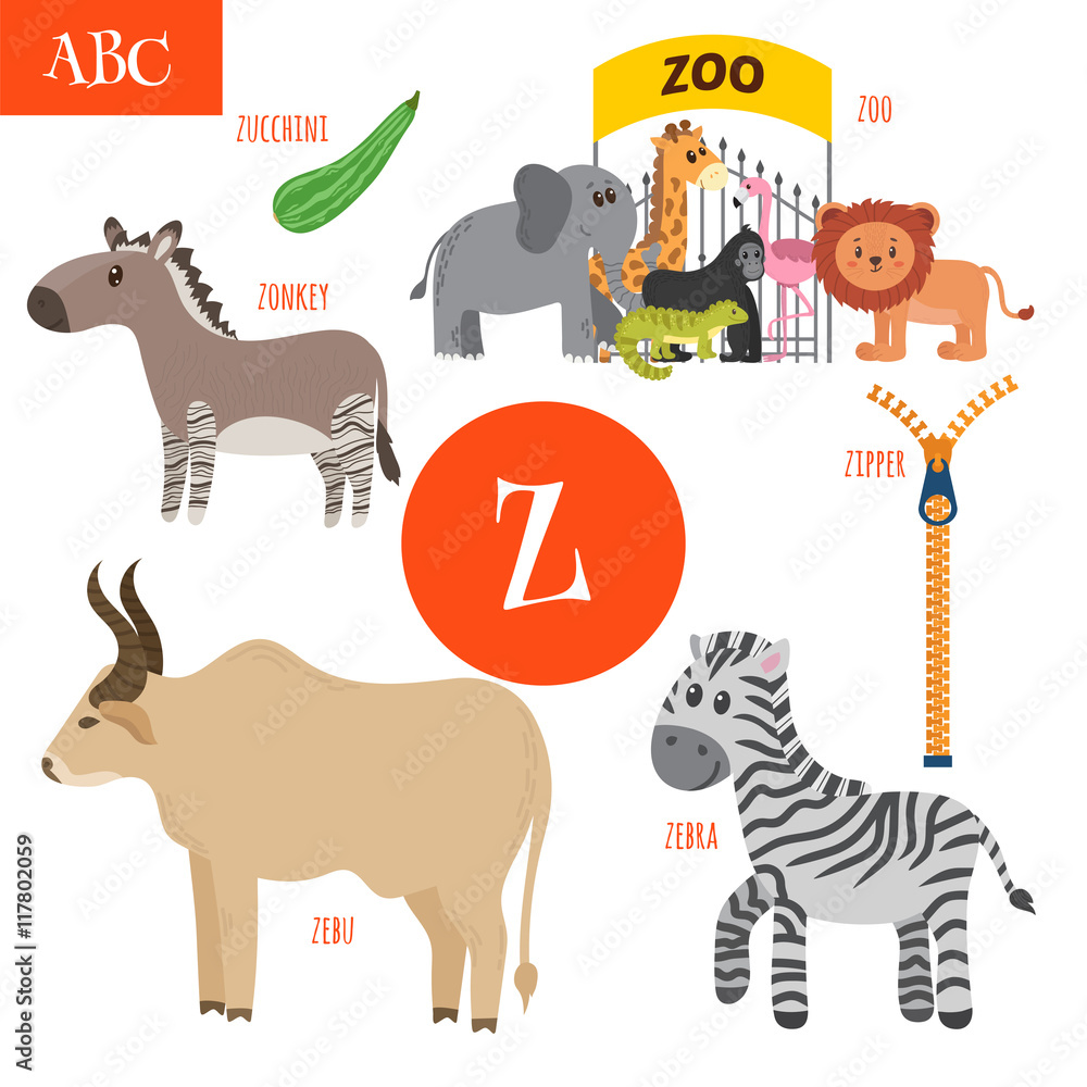 Letter Z. Cartoon alphabet for children. Zebra, zipper, zonkey 
