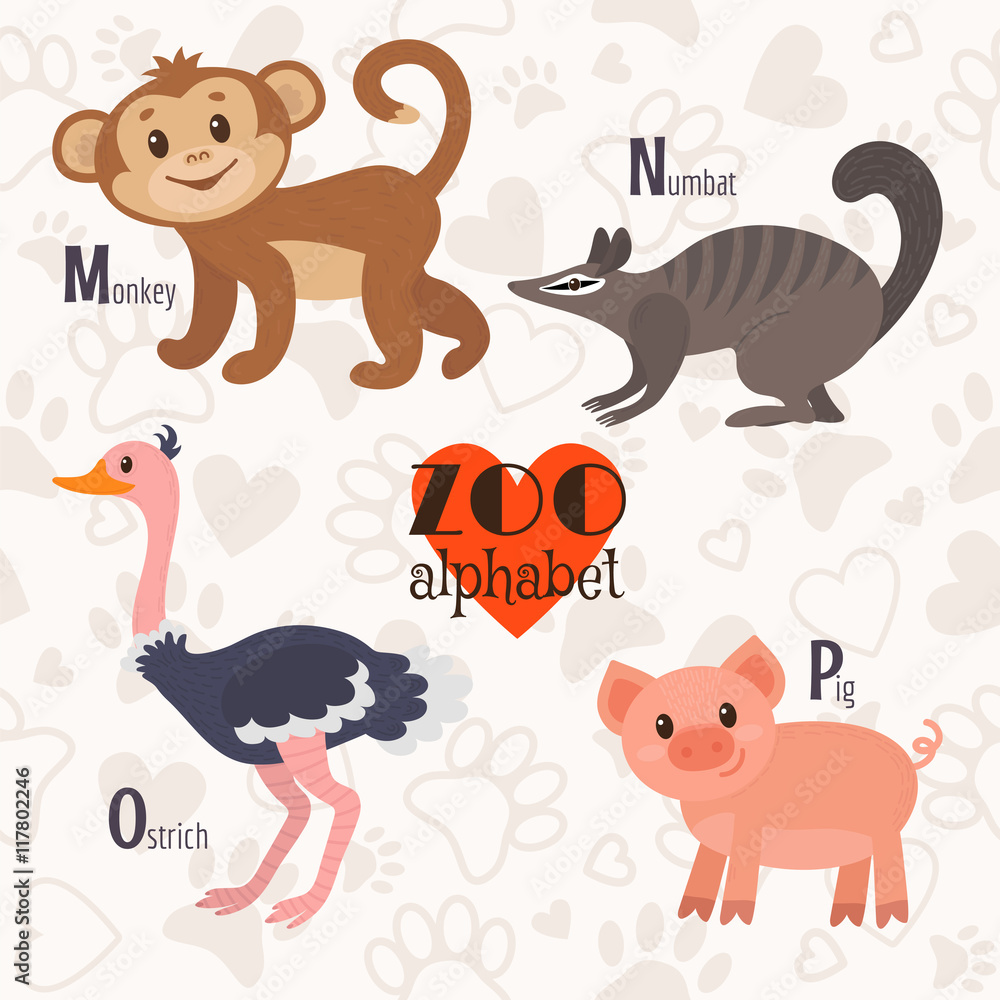 Zoo alphabet with funny animals. M, n, o, p letters. Monkey, num ...