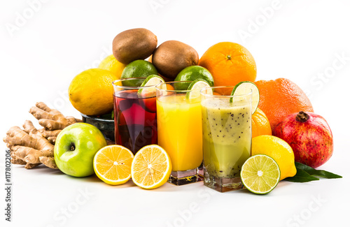 Fresh fruits and juice isolated on white background
