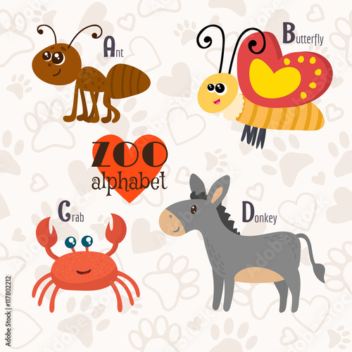 Zoo alphabet with funny animals. A, b, c, d letters. Ant, butter