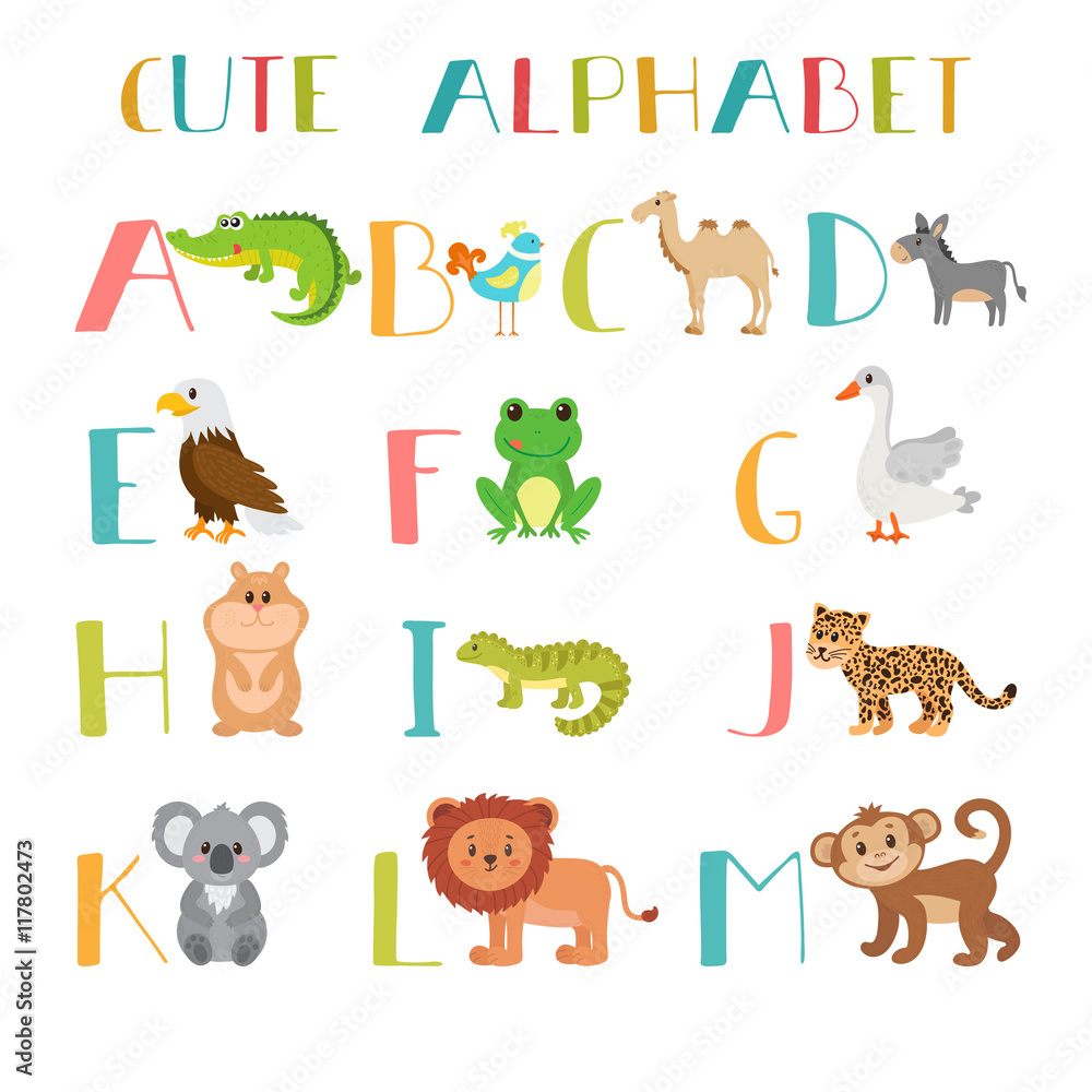 Zoo. Cute cartoon animals alphabet from A to M