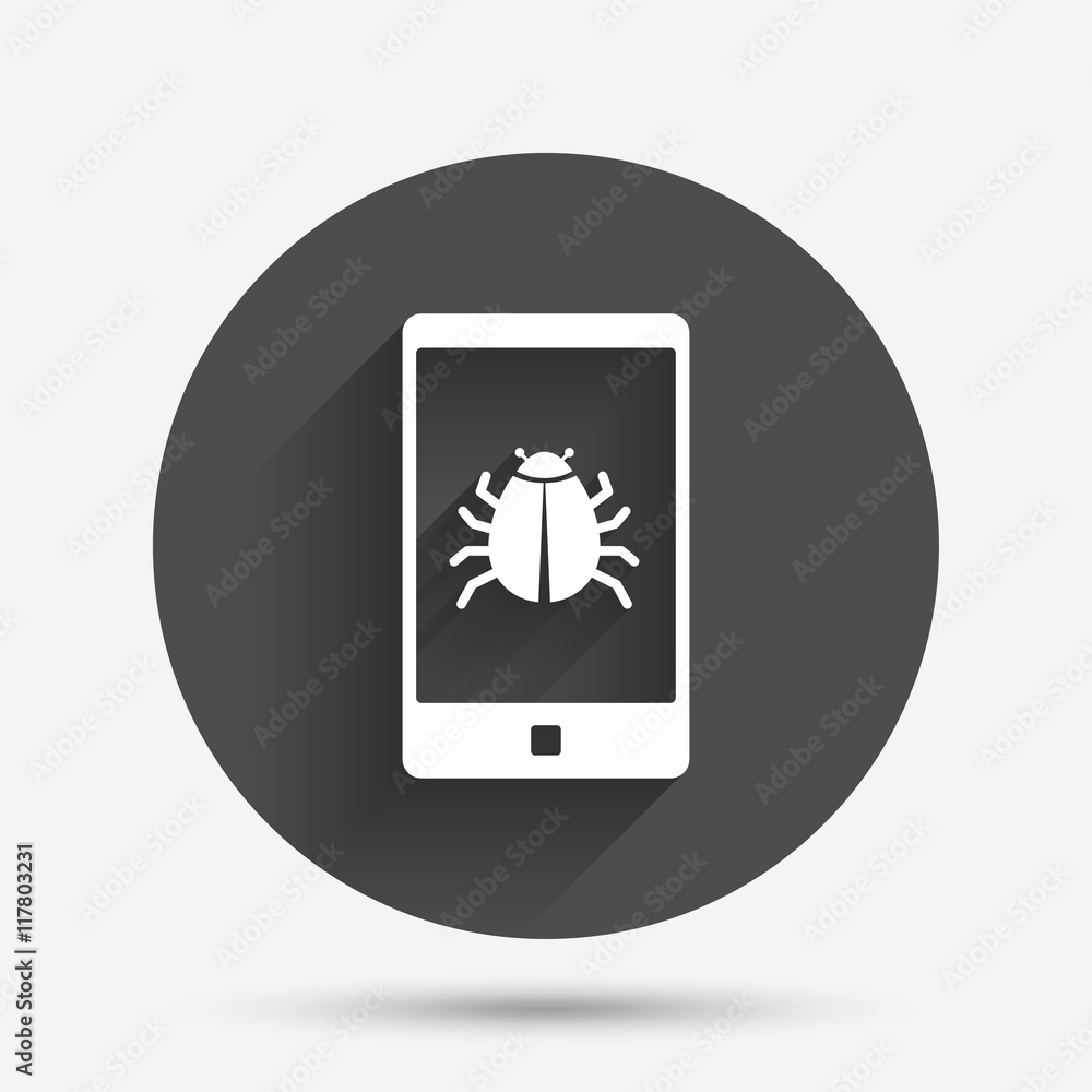 Smartphone virus sign icon. Software bug symbol. Smartphone virus sign icon. Software bug symbol.