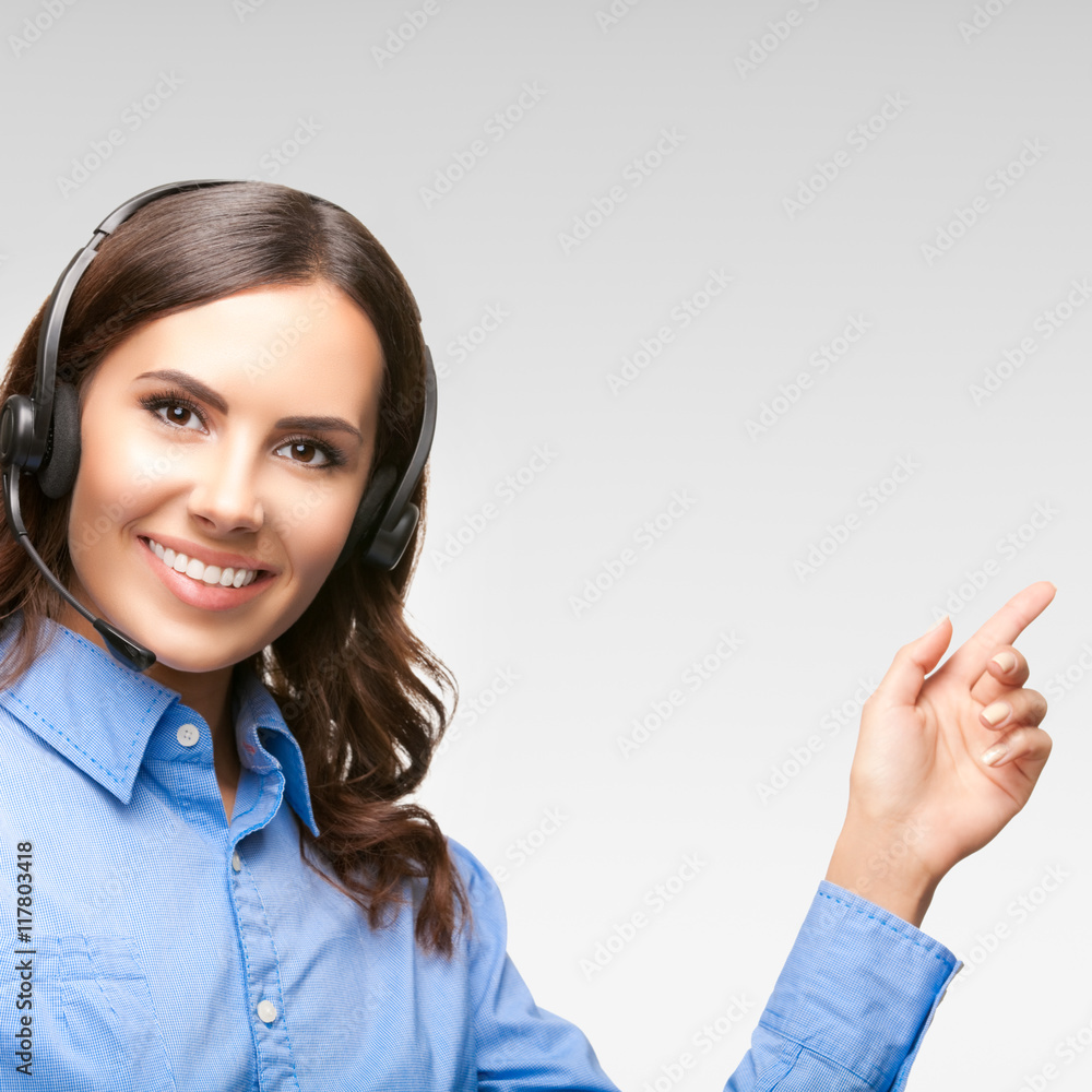 Support phone operator pointing, over grey Support phone operator pointing, over grey
