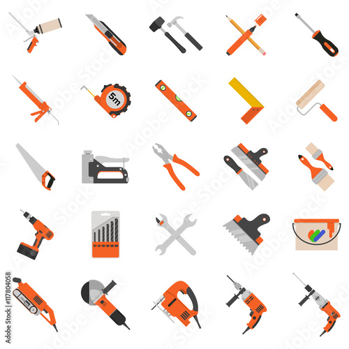 Home repair tools vector icons. Working repair tools for repair and construction. Hand drill, saw, level, hammer, screwdriver and other construction tools. Home repair set isolated on white background