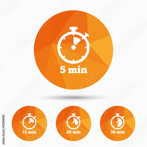 Timer icons. Five minutes stopwatch symbol.