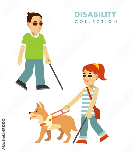 Disability blind person concept. Blind people set.
