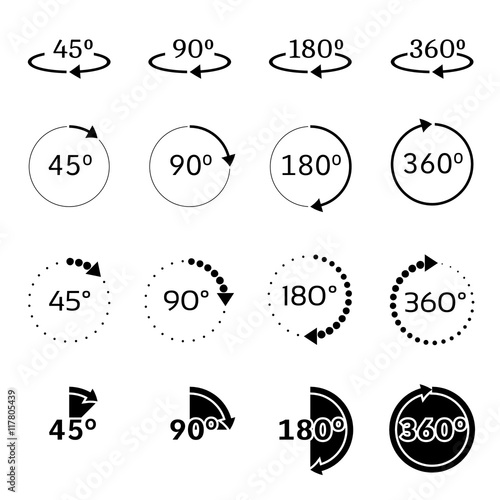 Angles 45, 90, 180 and 360 degrees vector icons set
