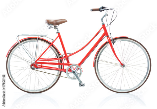 Stylish womens red bicycle isolated on white