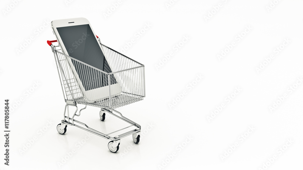 Smartphone with shopping cart . 3d rendering