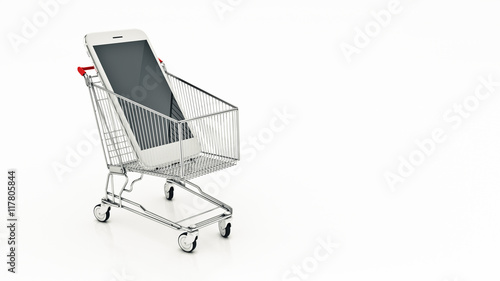 Smartphone with shopping cart . 3d rendering
