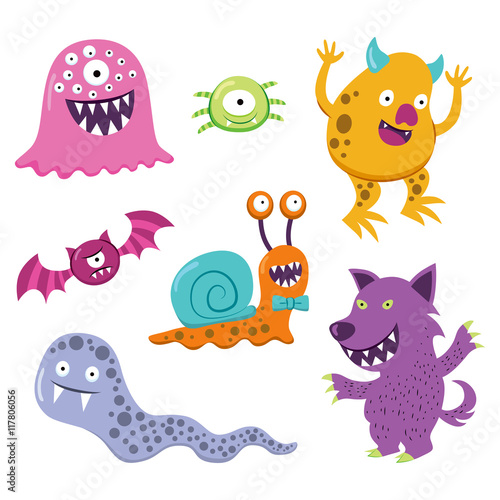 Collection of different happy halloween colorful monster animal characters