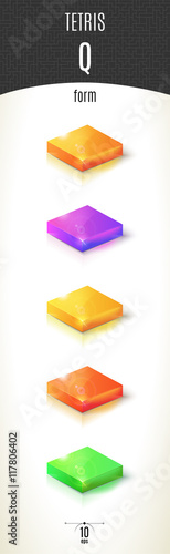 Tetris Q-form shiny 3D-part on white background set in different
