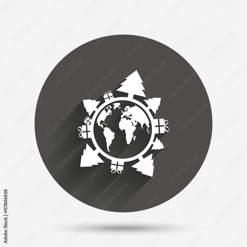Happy new year earth sign icon. Gifts and trees. Happy new year earth sign icon. Gifts and trees.
