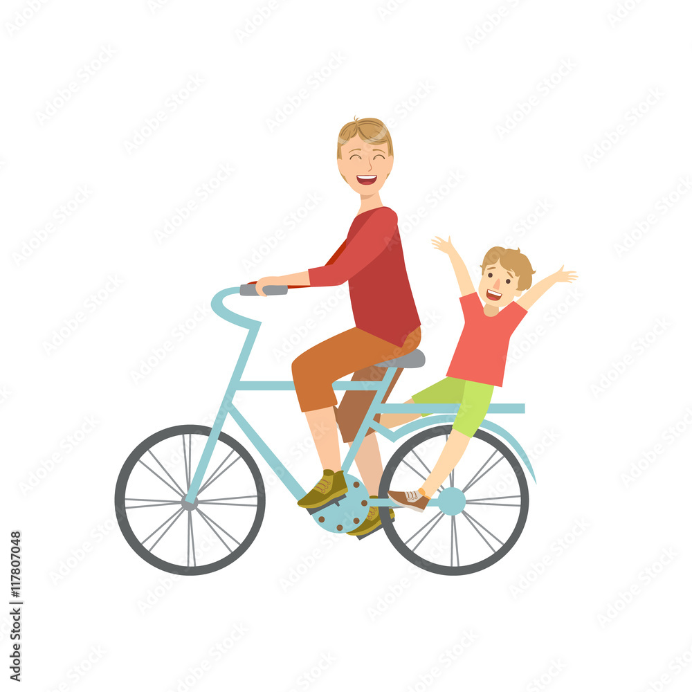 Father Riding A Bicycle With His Kid On The Back Father Riding A Bicycle With His Kid On The Back