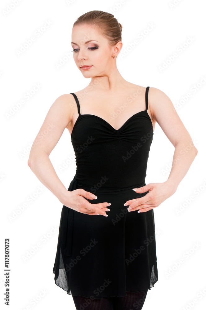 Young beautiful dancer posing on isolated white studio background. Pretty woman - modern style dancer or ballerina in ballet pose. Young beautiful dancer posing on isolated white studio background. Pretty woman - modern style dancer or ballerina in ballet pose.