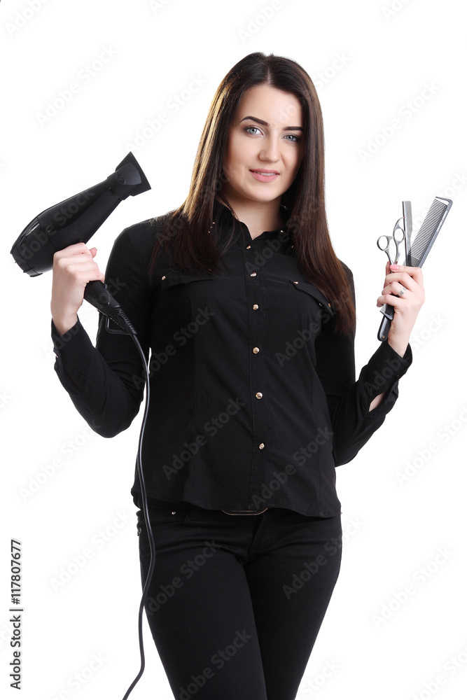 Beautiful professional hair stylist holding blow dryer and flat iron Beautiful professional hair stylist holding blow dryer and flat iron