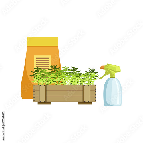 Set Of Plants In Crate And Bag With Fertilizer