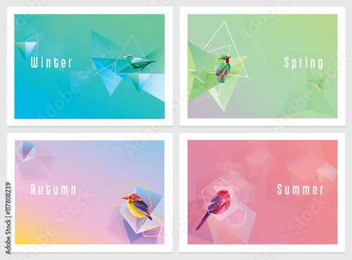 Modern colorful four seasons wallpapers with geometric shapes and birds