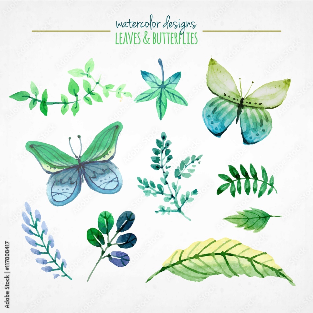 Watercolor leaves and butterflies