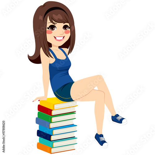 Young student girl sitting on big pile of books education and learning concept