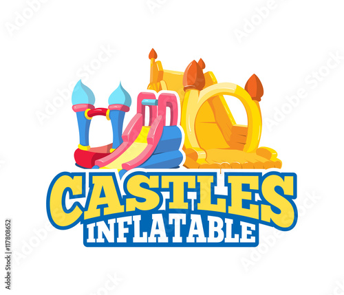 Vector illustration of inflatable castles and children hills on playground