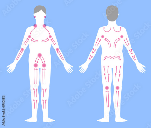 man's lymphatic massage diagram, front and back view, treatment of the swelling, vector illustration