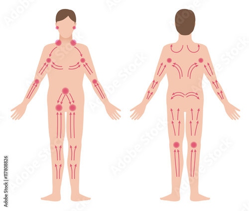 man's lymphatic massage diagram, front and back view, treatment of the swelling, vector illustration