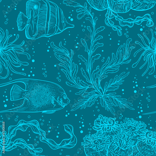 Seamless pattern with marine plants, coral, seaweed and tropical fish. Collection of hand drawn marine flora and fauna. Vector illustration 