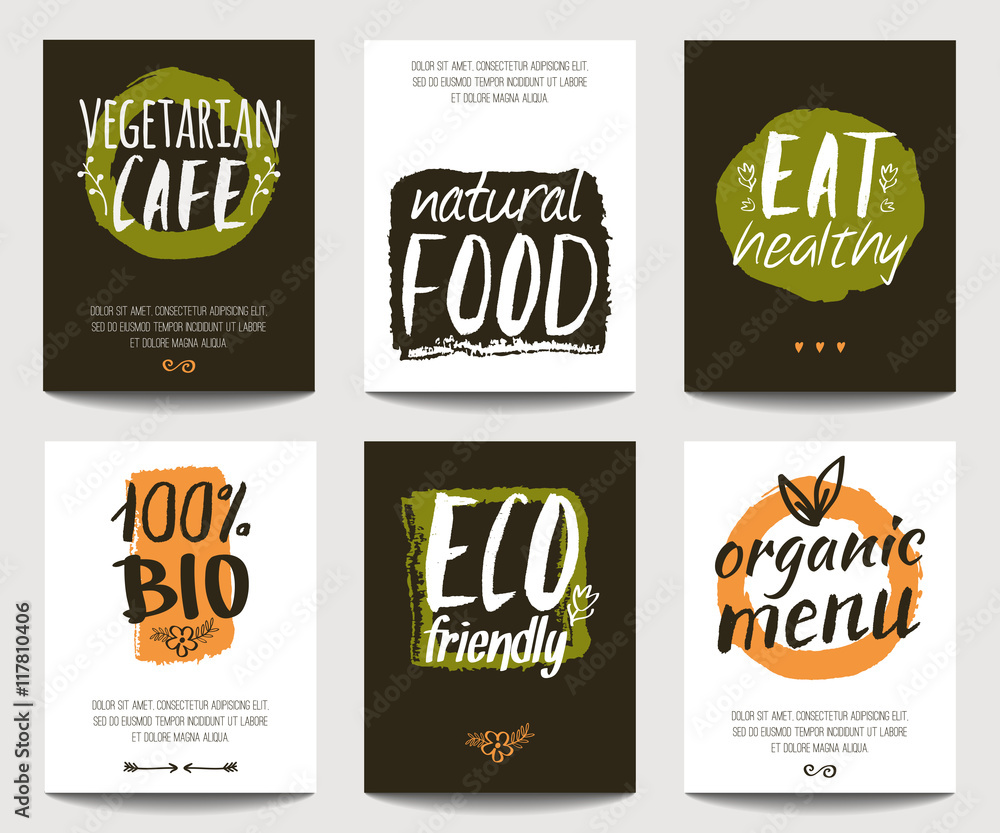 Vector set with eco friendly and organic food templates. Trendy vegetarian posters for flyers, banners, restaurant or cafe menu design. Natural food and healthy lifestyle concept.
