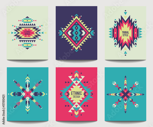 Vector set of geometric abstract colorful flyers. Ethnic design brochure templates. Modern tribal backgrounds in boho style.