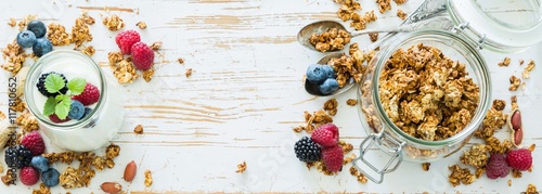 Granola with berries on white wood background