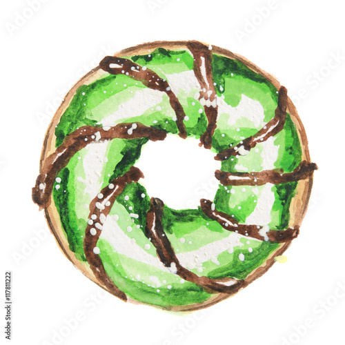 Watercolor green donut on white background. Isolated donut glazed with green. American dessert.