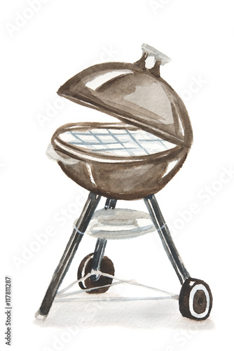 Watercolor bbq grill. Outdoors bbq grill machine. Isolated grill on white background.