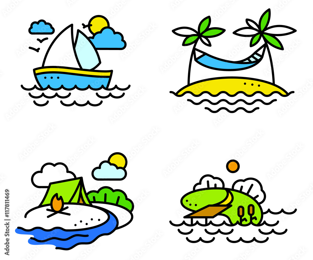 Fototapeta premium Summer activity icons set in simply thin style