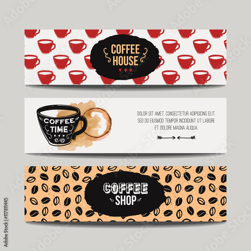 Vector set of modern banners with coffee backgrounds. Trendy hipster templates for flyers, posters, invitations, restaurant or cafe menu design. 