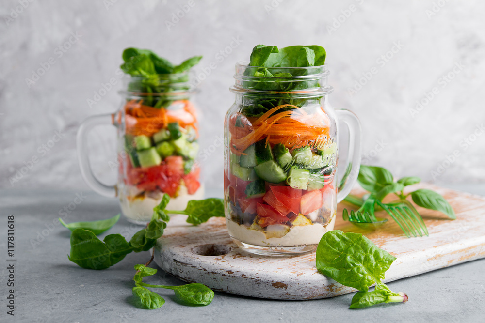 Healthy homemade mason jar salad with chicken and vegetables Healthy homemade mason jar salad with chicken and vegetables