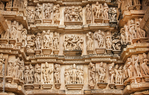 Canvas Print Famous historic monumant with erotic theme on sculptured wall of temple of Khajuraho