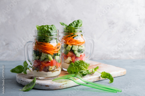Bilde på lerret Healthy homemade mason jar salad with chicken and vegetables