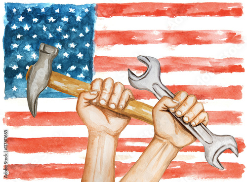 Watercolor labor day concept. Wrench and hammer against USA flag. Liberty and freedom.