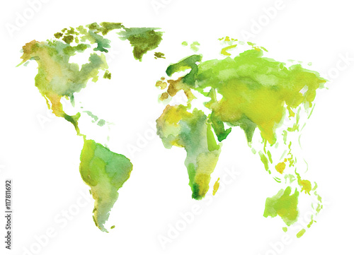 Watercolor green world map. Beautiful map with lands and islands. Watercolor illustration for decoration.