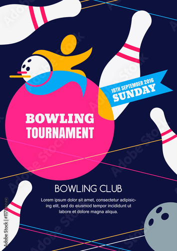 Vector bowling tournament banner, poster or flyer design template. Flat layout background with human silhouette, bowling ball and pins. Abstract illustration.