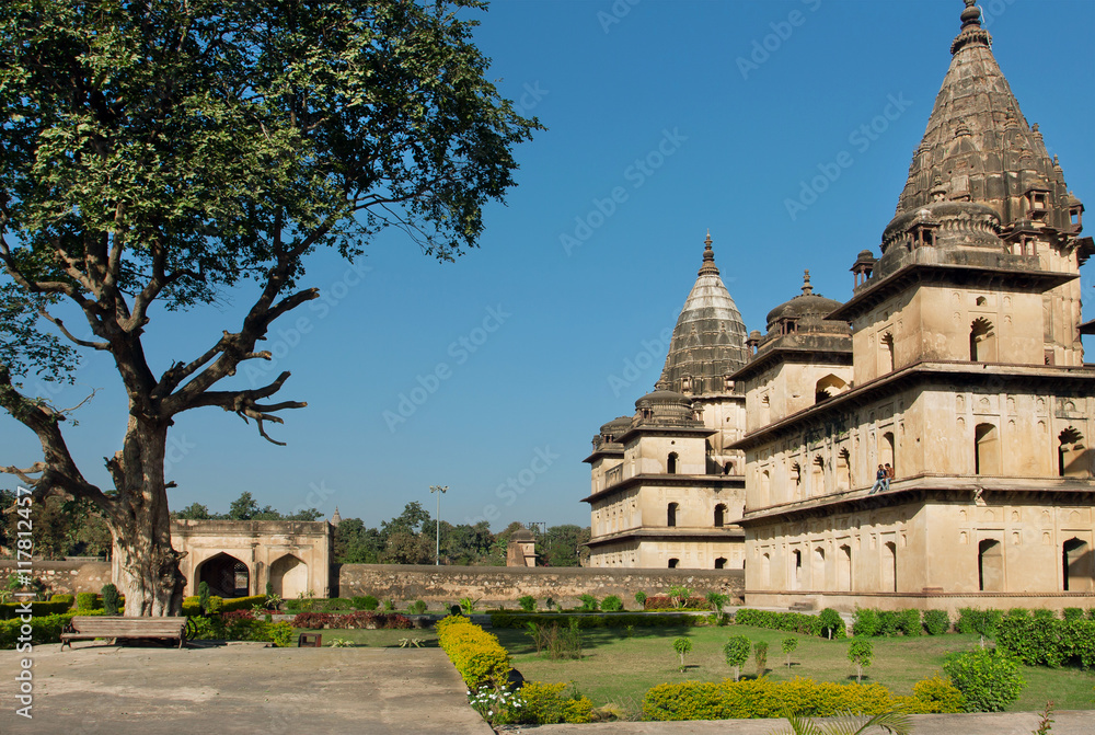 Park around buildings with stone domes in indian Orchha. Cenotaph was built in 17th century in India Park around buildings with stone domes in indian Orchha. Cenotaph was built in 17th century in India