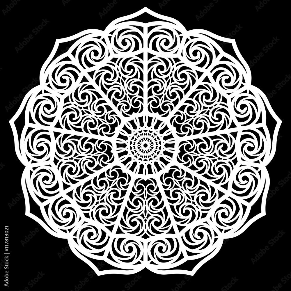 Lace round paper doily, lacy snowflake, greeting element package, doily - a template for cutting, lace pattern, vector illustrations Lace round paper doily, lacy snowflake, greeting element package, doily - a template for cutting, lace pattern, vector illustrations