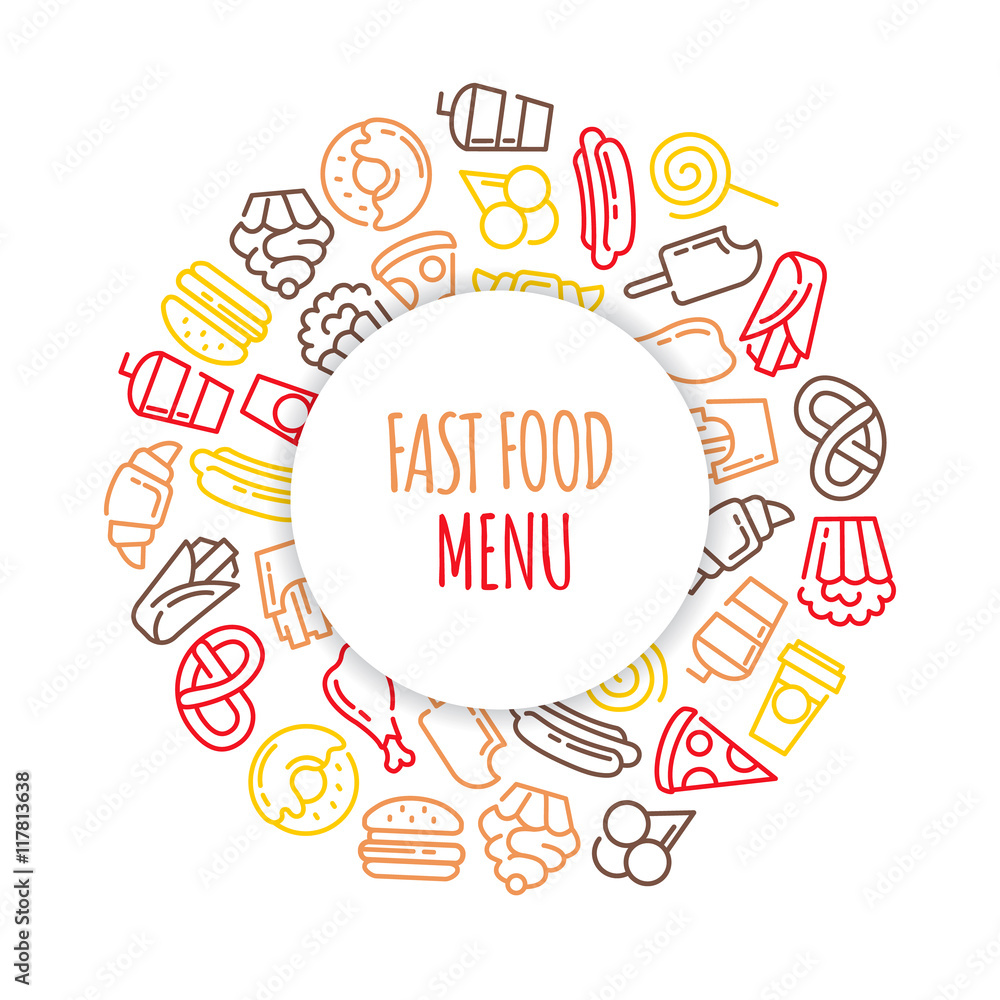 Fast food menu. Set of cartoon vector background.