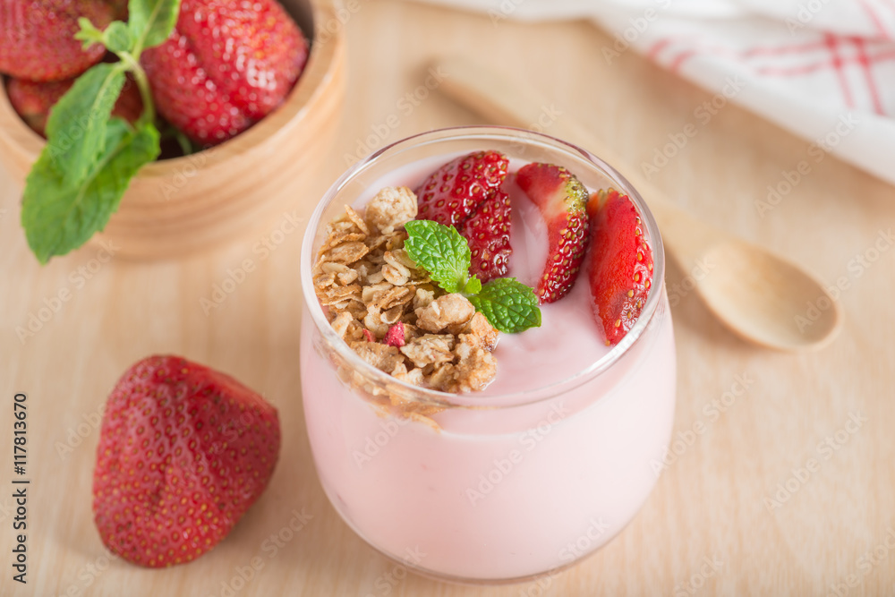 Healthy Strawberry yogurt with fresh strawberries.