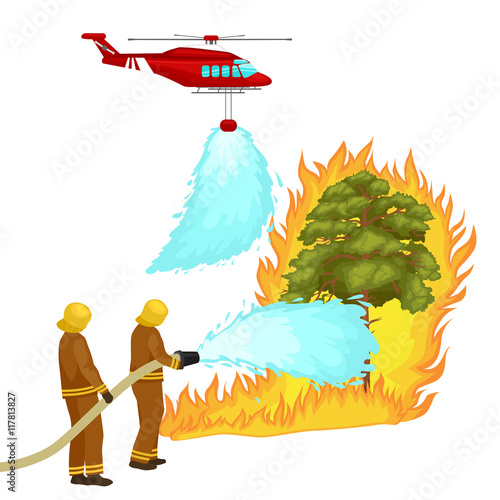 Firefighters in protective clothing and helmet with helicopter extinguish with water from hoses dangerous wildfire.Man fighter and rescue helicopter put out the fire in forest landscape damage vector