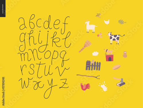 Vector handwritten script latin alphabet on the yellow background with rural elements