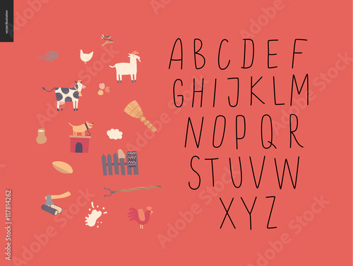 Vector handwritten latin alphabet on the red background with rural elements